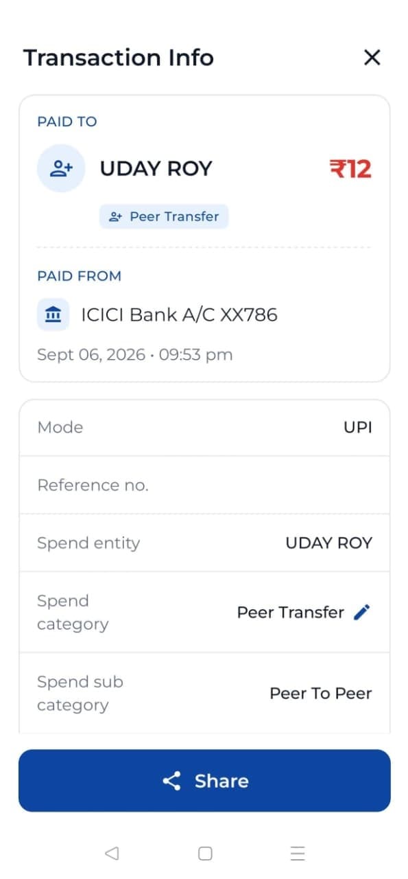 A transaction detail screen in Passbook One, showing the payee, bank, mode, reference number and category.