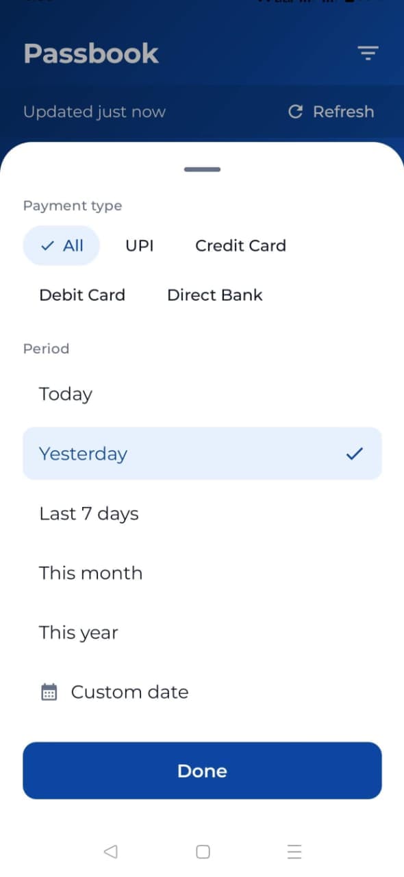 The filter screen in Passbook One, with period options and payment type options.
