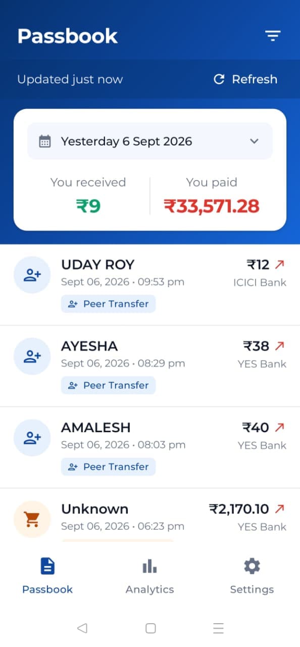 The Passbook One home screen, showing money received and money paid for the selected period above a list of transactions.